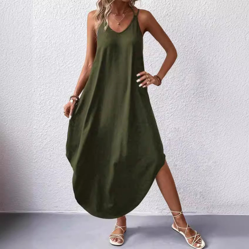 Summer Solid Color And V-neck Sling Backless Dress