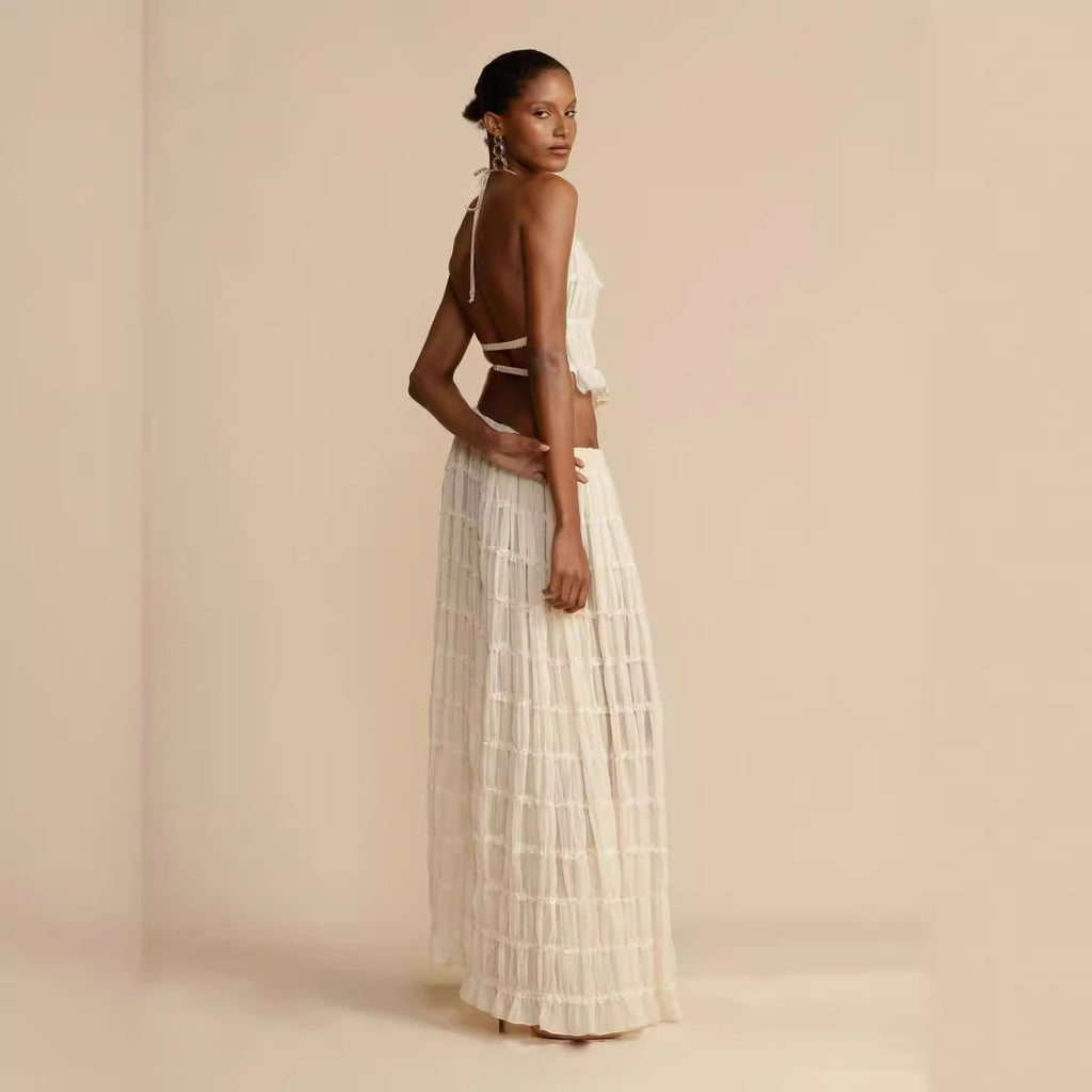 Summer New Backless Halter Strap Drawstring Chiffon Pleated Dress Two-piece Set