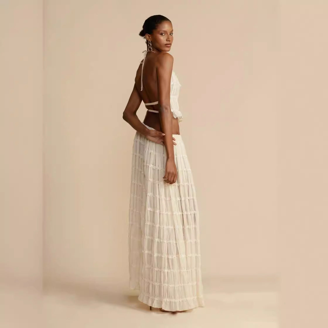 Summer New Backless Halter Strap Drawstring Chiffon Pleated Dress Two-piece Set