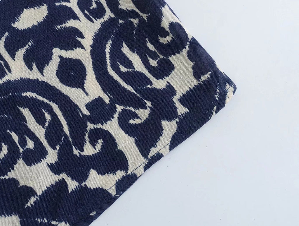 New Women's Stand Collar Printed Long Sleeve Waist-controlled Lace-up Dress