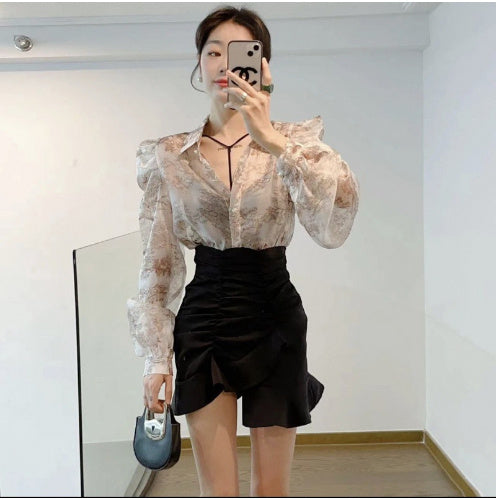 Chinese Style Ink Painting Printed Shirt For Women