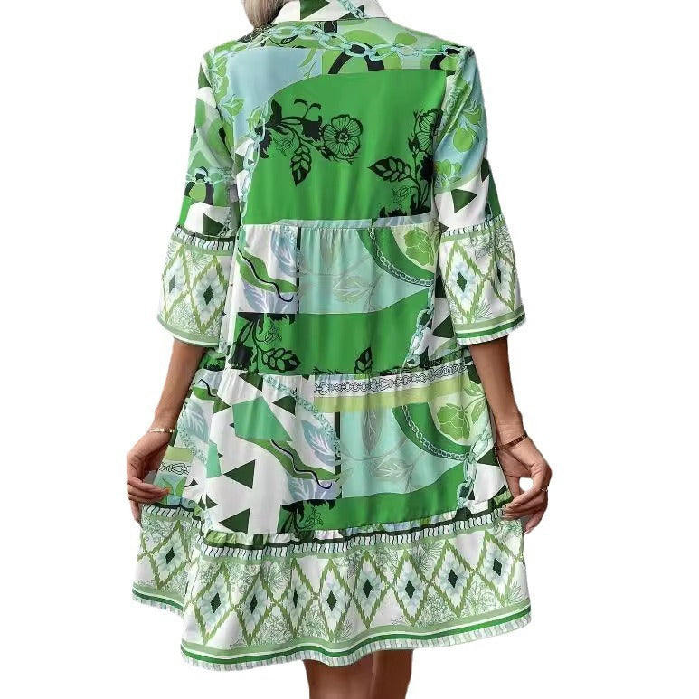 Pleated Sleeve Printed Flared Sleeve Ruffled Hem Dress