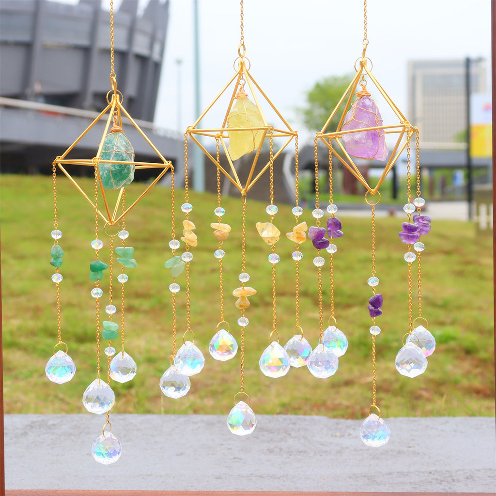Natural Stone Metal Crystal Ball Wind Chime Pendant
