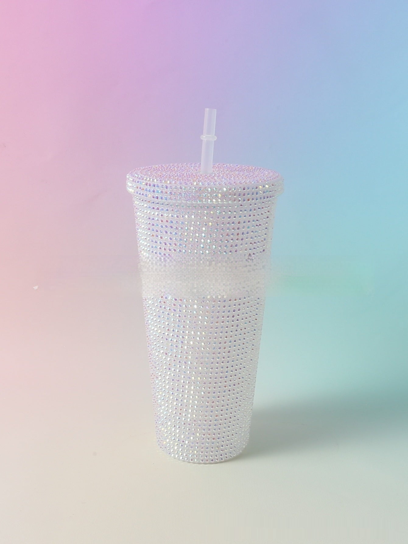 Stick-on Crystals Double-layer Large Capacity Cup With Straw