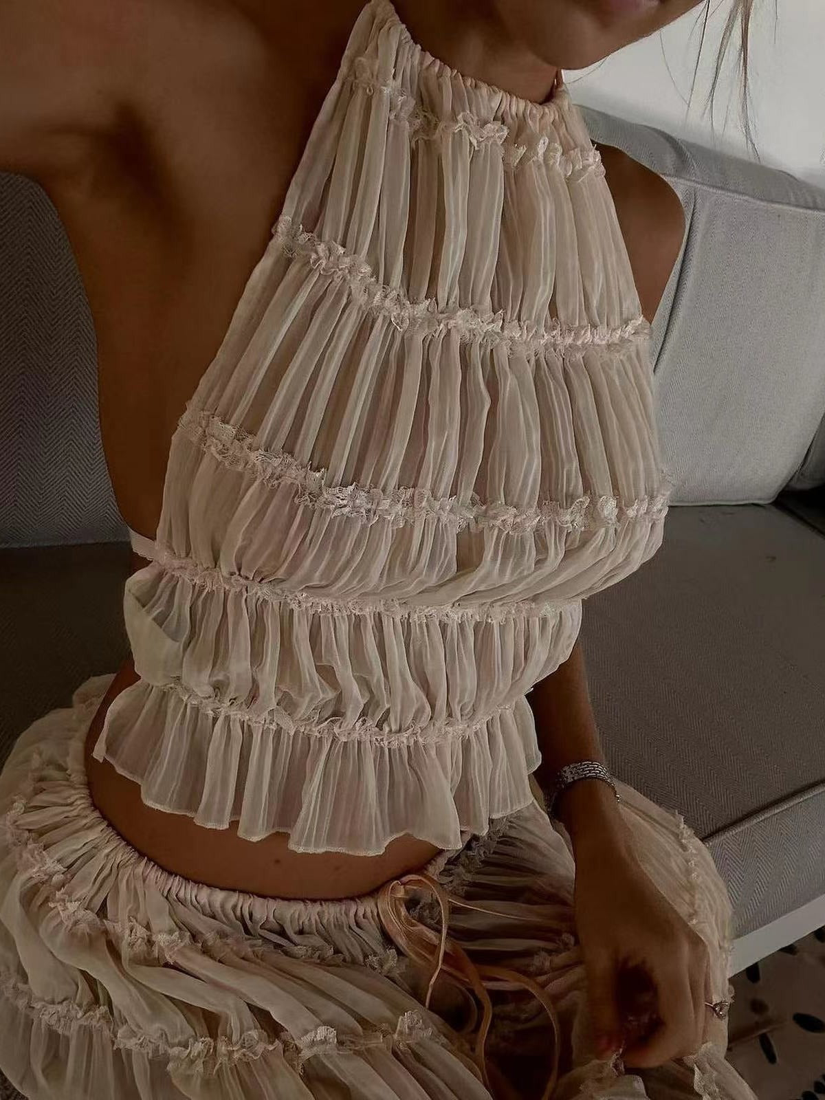 Summer New Backless Halter Strap Drawstring Chiffon Pleated Dress Two-piece Set
