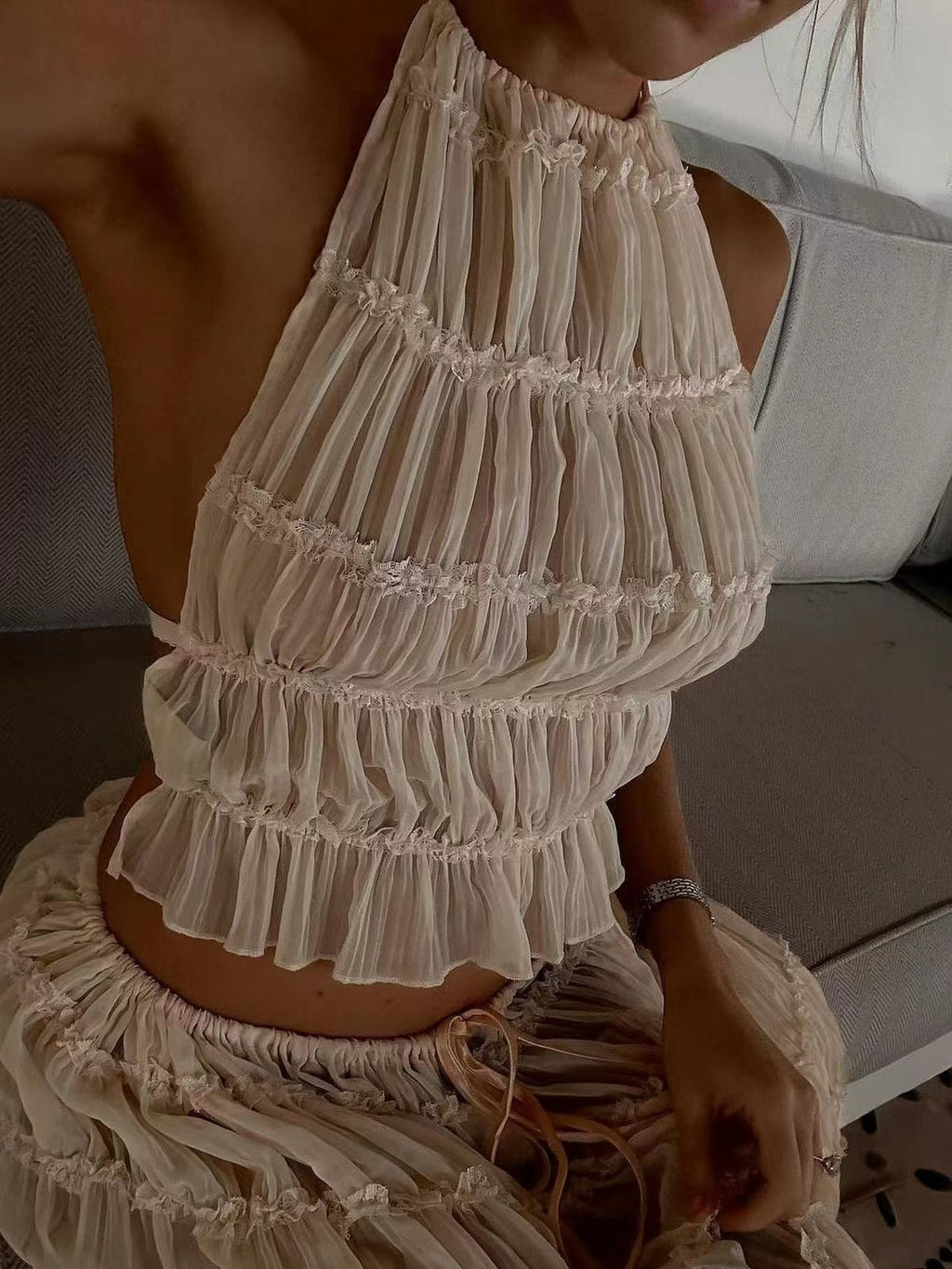 Summer New Backless Halter Strap Drawstring Chiffon Pleated Dress Two-piece Set