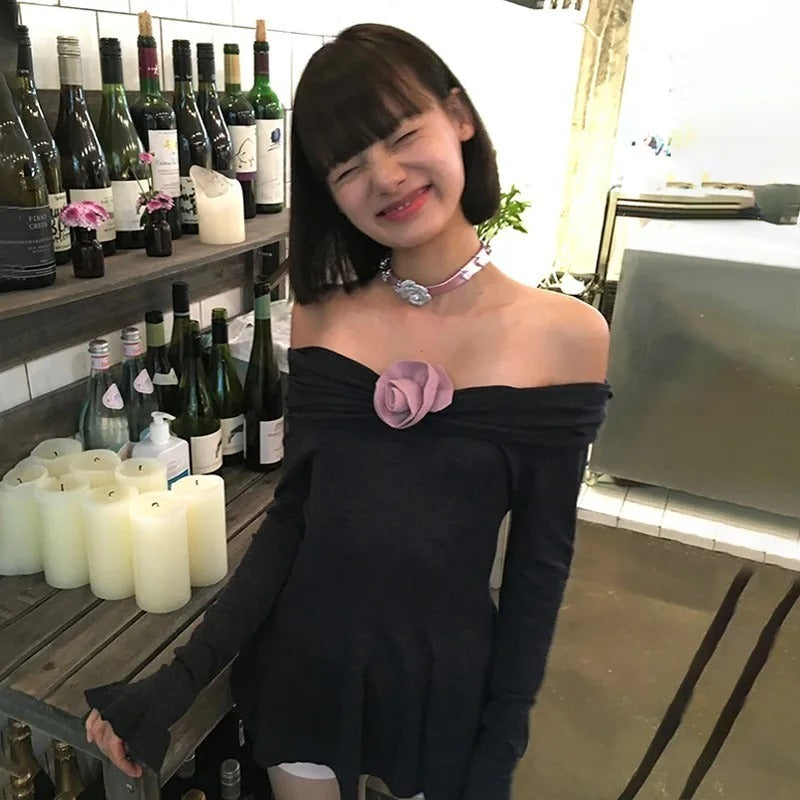 Off-neck Rose Decorative Flower Dress