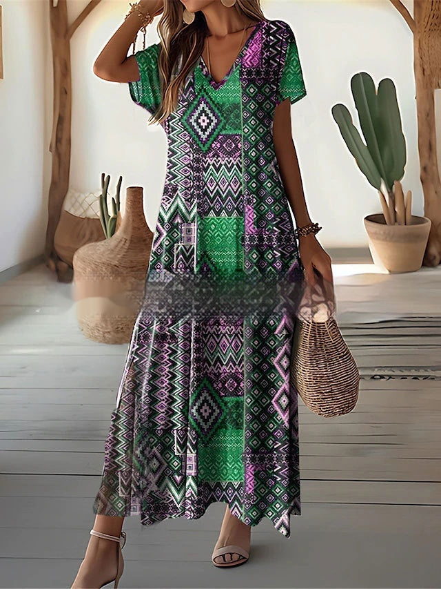 Women's Fashion Summer Printed V-neck Dress