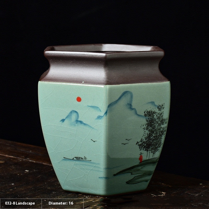 Celadon Hand Painted Ceramic Hexagonal Green Plant Pot