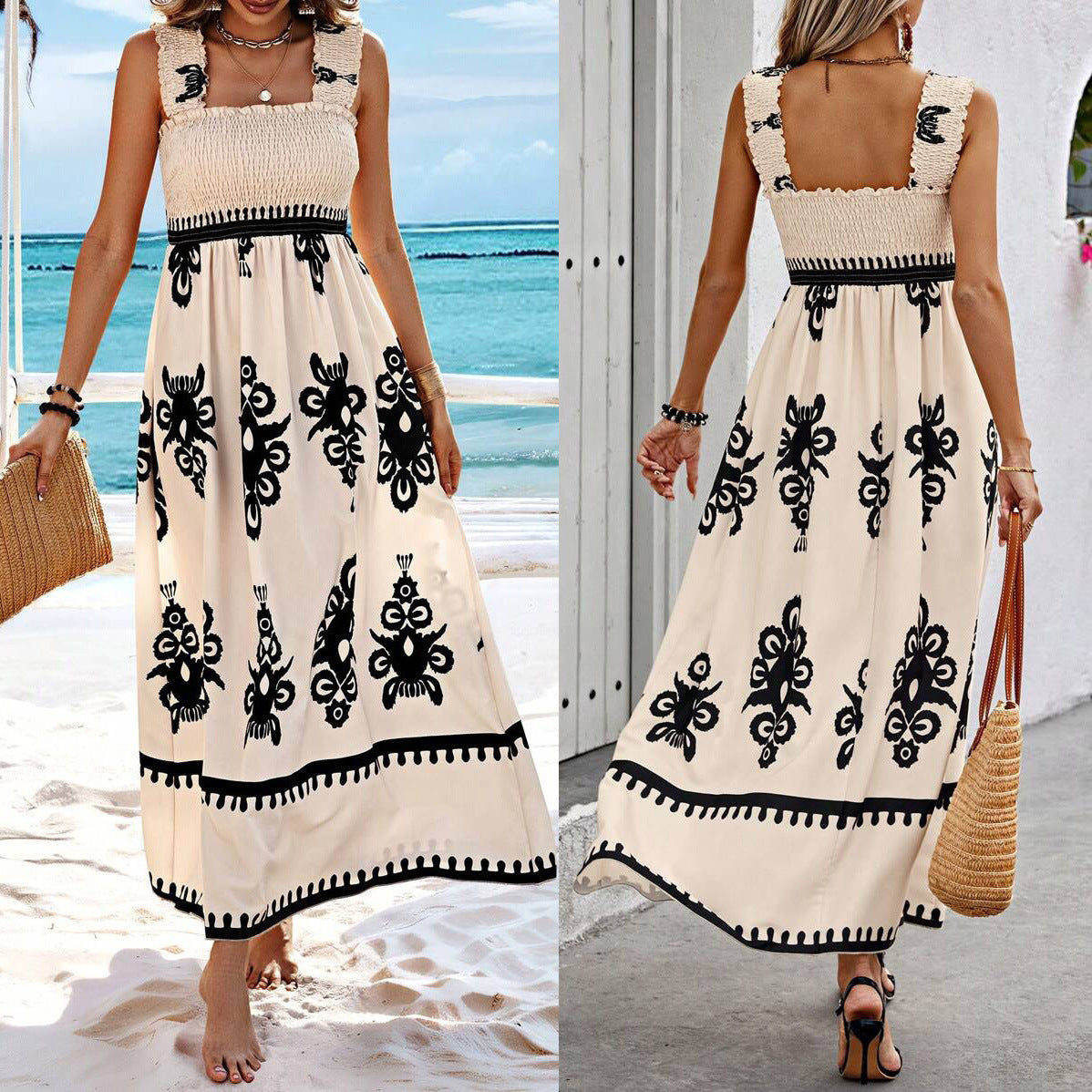 Holiday Style Printed Front Cross Mid-length Dress