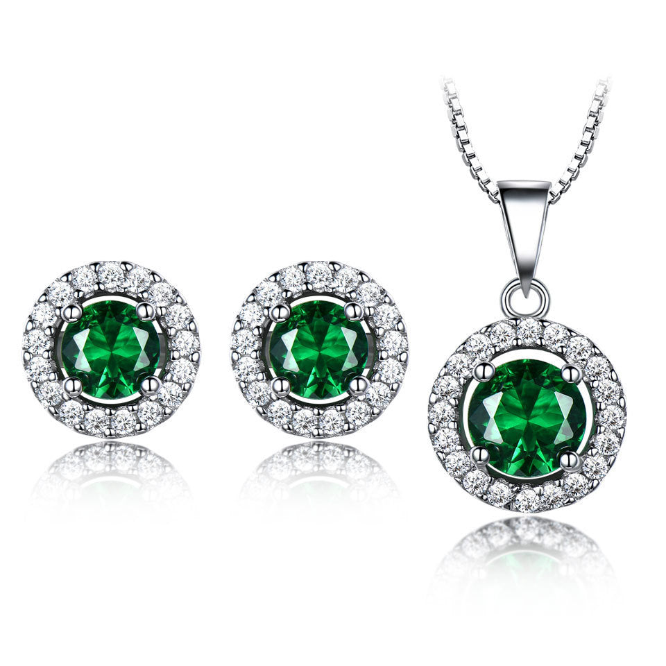 Emerald 925 Sterling Silver Round Earrings Pendants Two-Piece Outfit