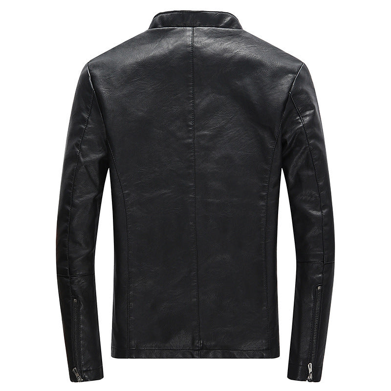 Stand-up collar fur PU leather jacket plus velvet men's jacket
