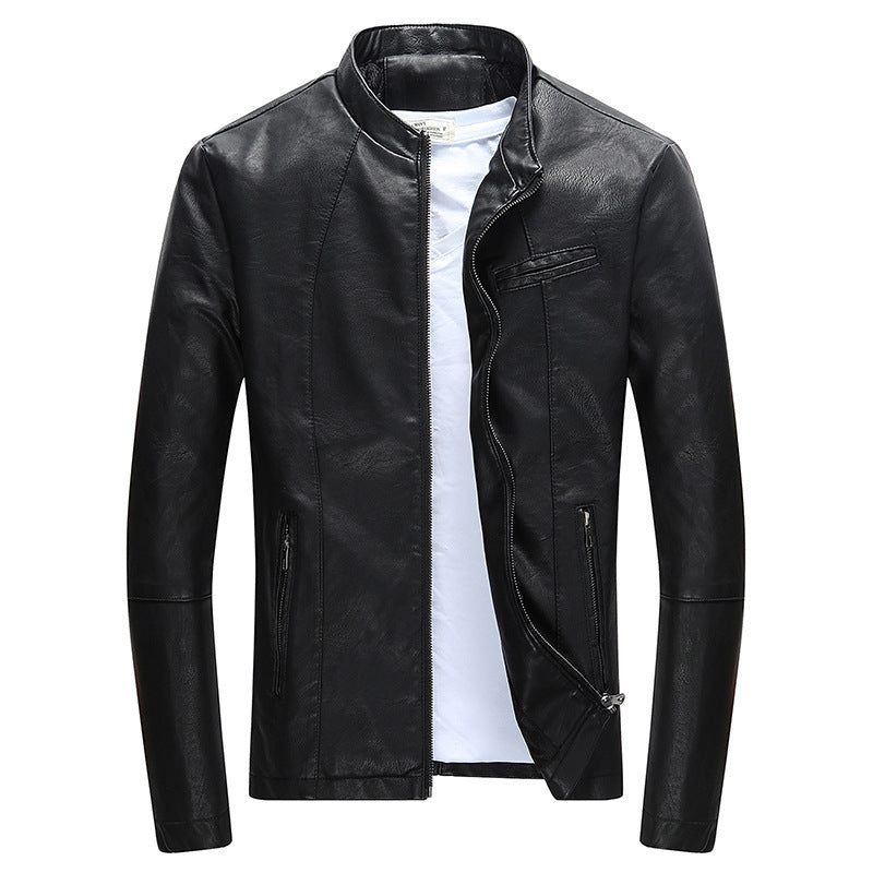 Stand-up collar fur PU leather jacket plus velvet men's jacket