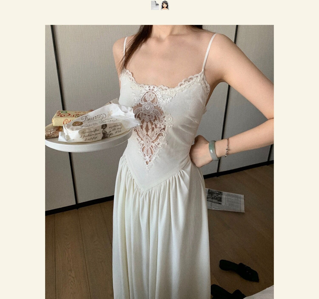White Temperament Retro Velvet Lace Long Dress