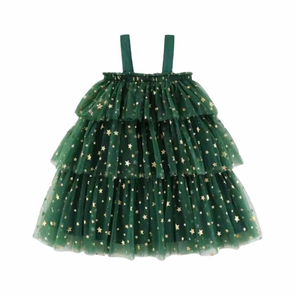 Christmas Tree Green Suspenders Mesh Children Dress