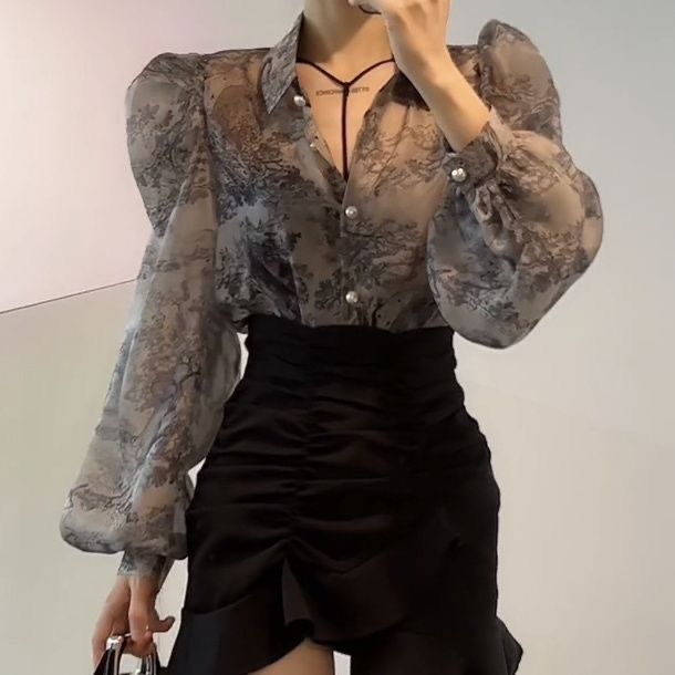 Chinese Style Ink Painting Printed Shirt For Women