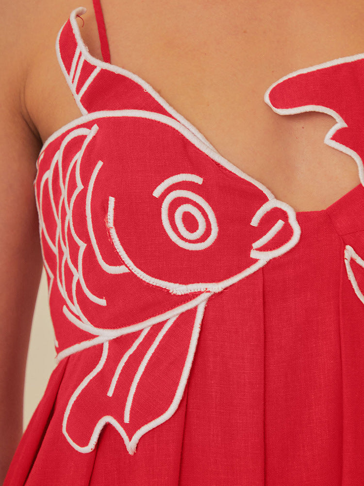 Red Fish-shaped Top Extra Long Dress Backless Slip Dress