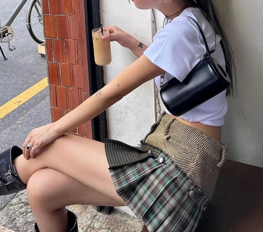 Women's Retro American Plaid Stitching Skirt