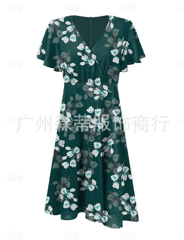 Summer Sweet Wind Ruffled V-neck Printed Waist-controlled Dress