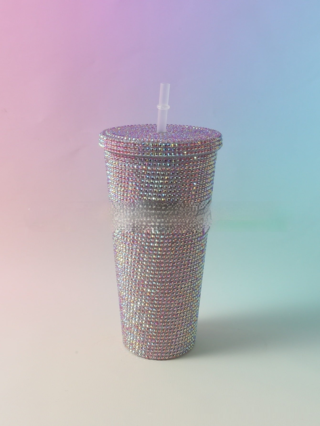 Stick-on Crystals Double-layer Large Capacity Cup With Straw