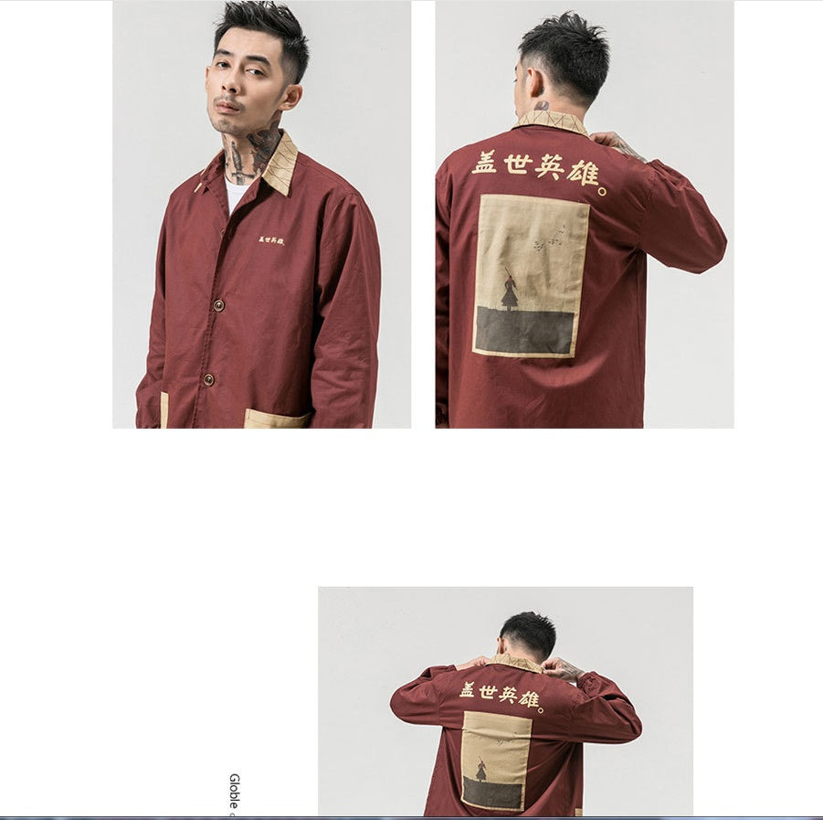 Autumn new men's printing casual large size jacket Chinese style retro buckle casual loose jacket