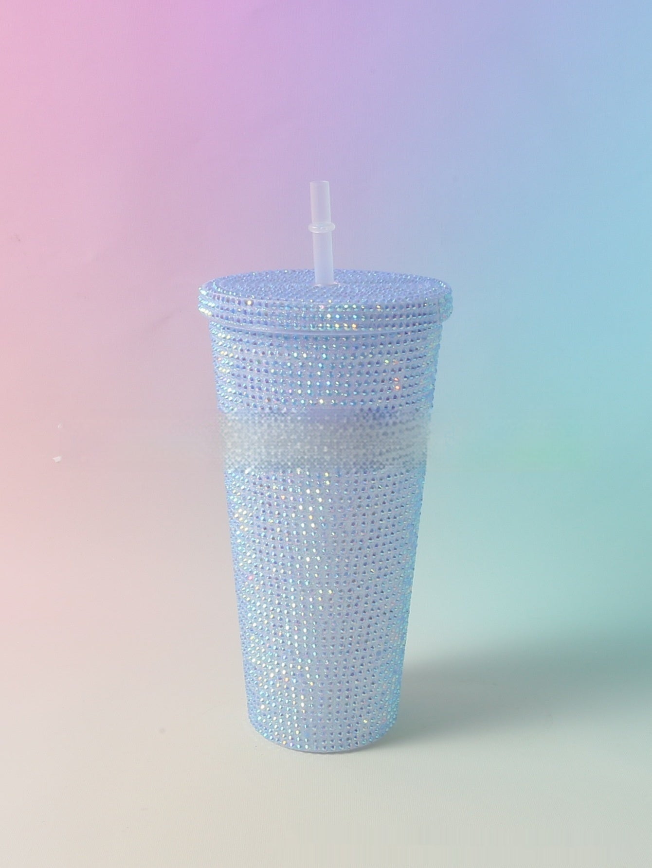 Stick-on Crystals Double-layer Large Capacity Cup With Straw