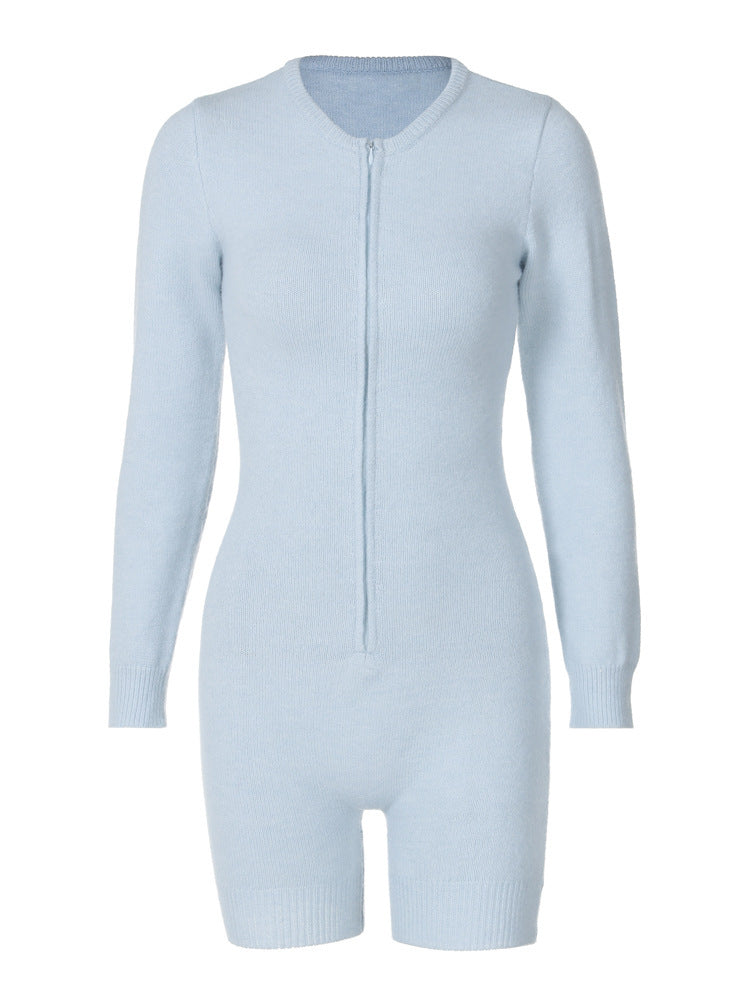 Winter New Long Sleeve Solid Color Zipper Skinny Knit Sweater Jumpsuit