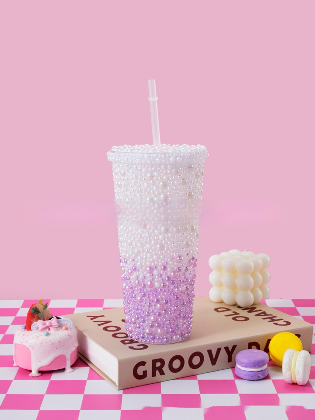 Stick-on Crystals Double-layer Large Capacity Cup With Straw