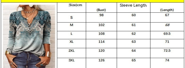 Women's Casual Ethnic Style V-neck Long-sleeved T-shirt