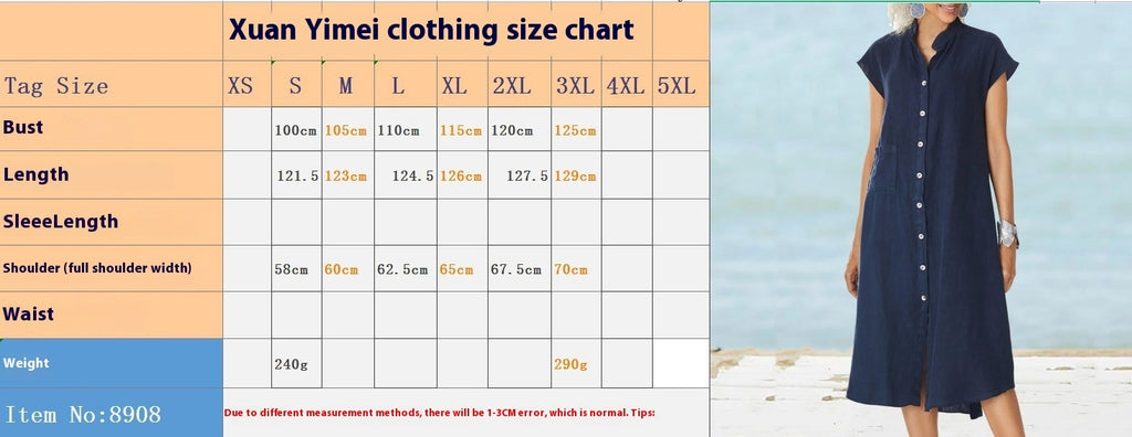 Cardigan Stand Collar Single-breasted Cotton And Linen Pocket Dress