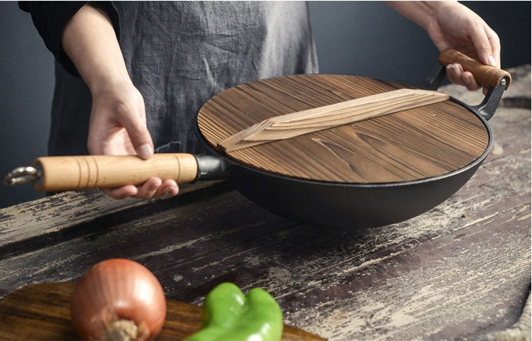 32cm Thick Round Bottom Wooden Handle Non-coated Non-stick Pan