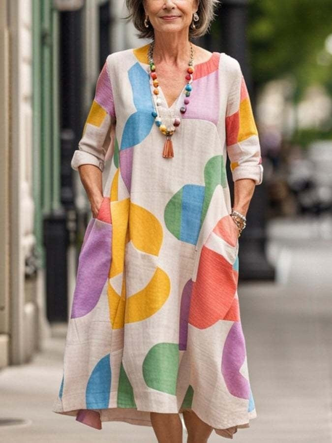 Summer European And American Women's Loose Round Neck Fashion Advanced Long Sleeve 3D Printing Dress