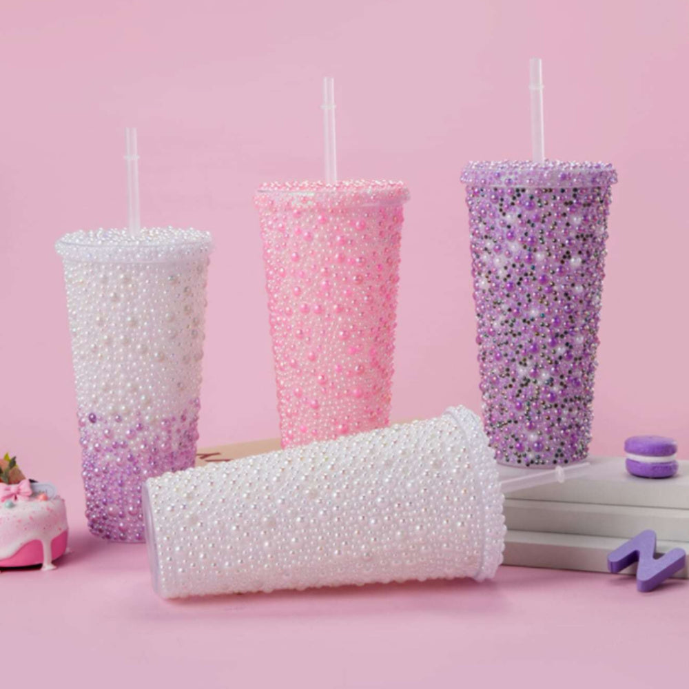 Stick-on Crystals Double-layer Large Capacity Cup With Straw