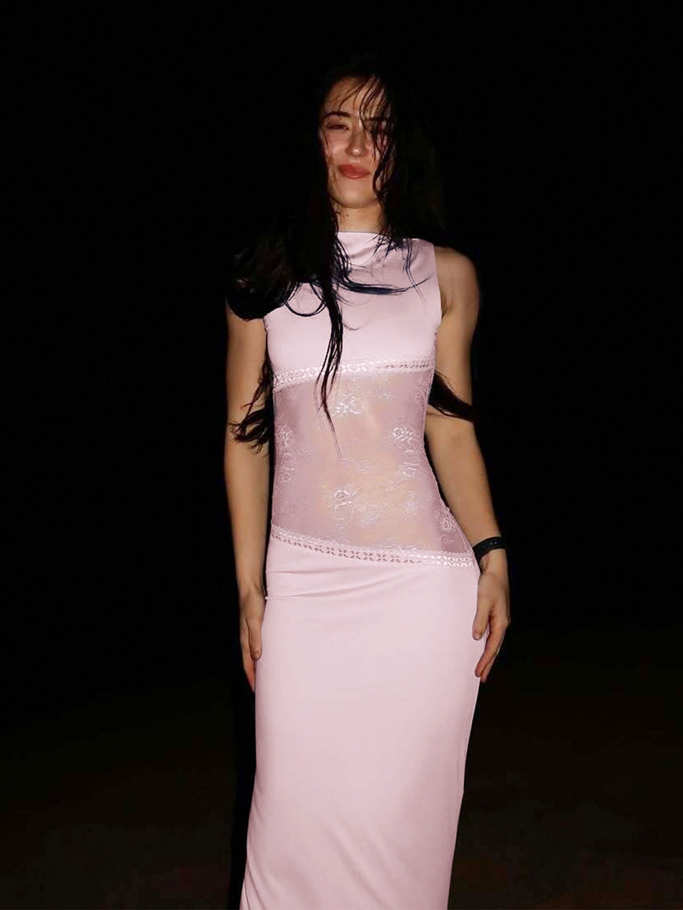 Hollow Backless Sleeveless Stitching Lace Mid Waist See-through Long Dress