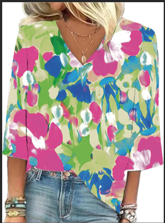 Women's European And American All-matching Printed Casual V-neck Shirt