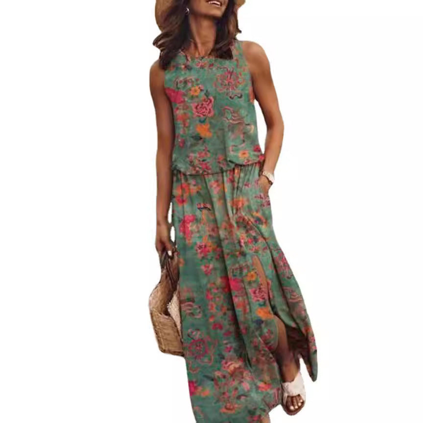 Sleeveless Printed Sling Long Women's Loose Split Dress