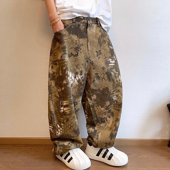 Spring Retro Canvas Snake Pattern Camouflage Heavy Washed Ruan Handsome Loose Casual Pants
