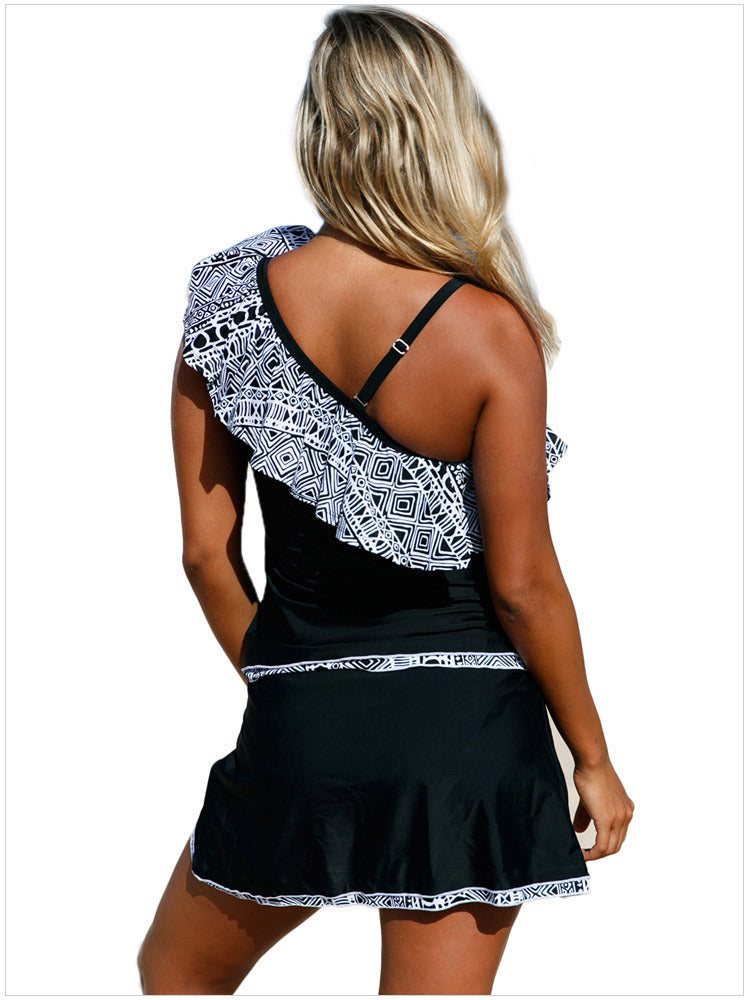 Geometric Print Ruffled Beach Skirt Split Swimsuit