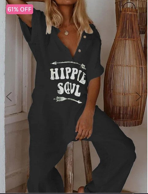 Women's Printed Lettered Casual Jumpsuit