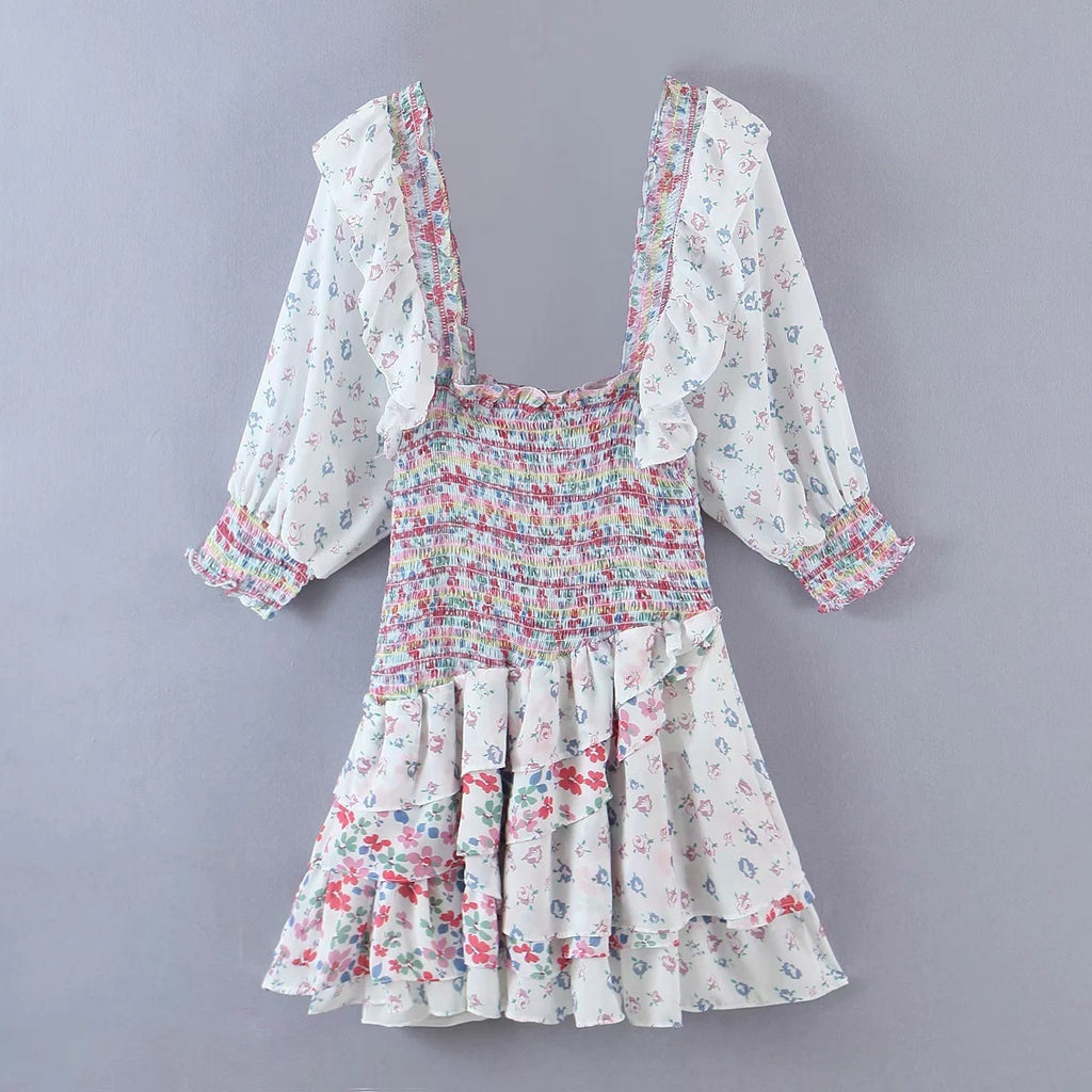 Bohemian Resort Style Romantic Printed Puff Sleeve Dress