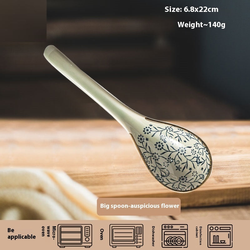 Household Ceramic Long Handle Scoop And Spoon Deep Mouth Soup Bowl