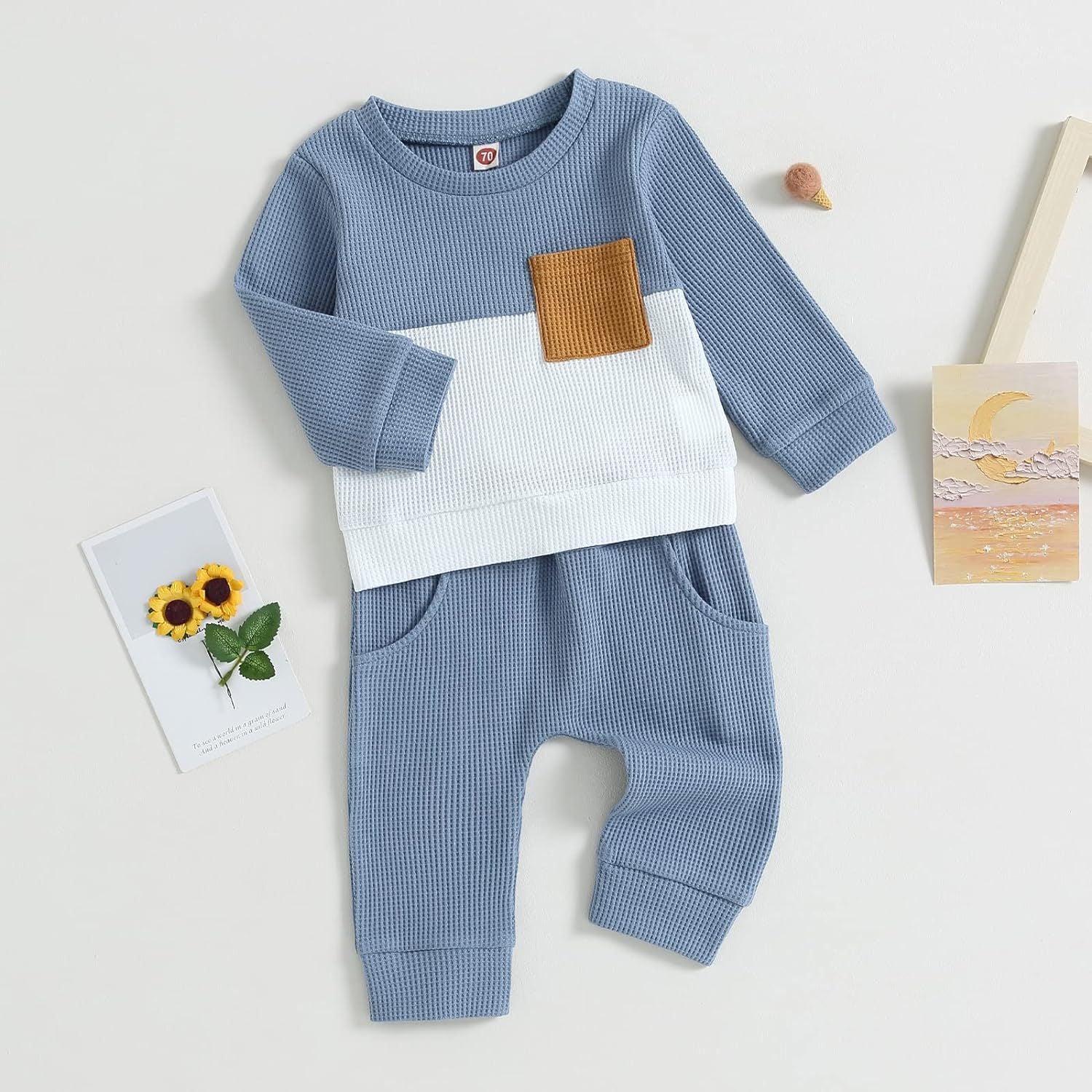 Color Matching Pocket Waffle Sweater Lace-up Sweatpants 2-Piece Children's Fashion Casual Wear Baby Suit