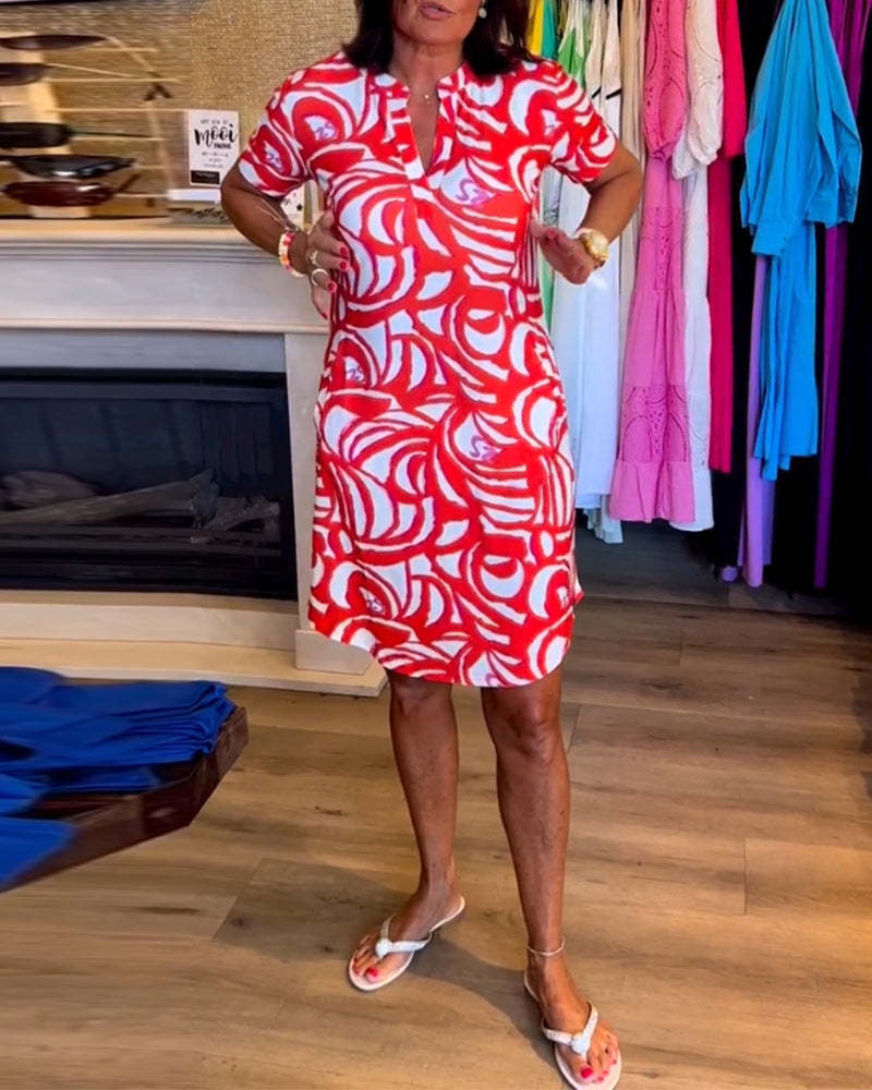 Women's Fashion Temperament Short Sleeve Printed V-neck Dress