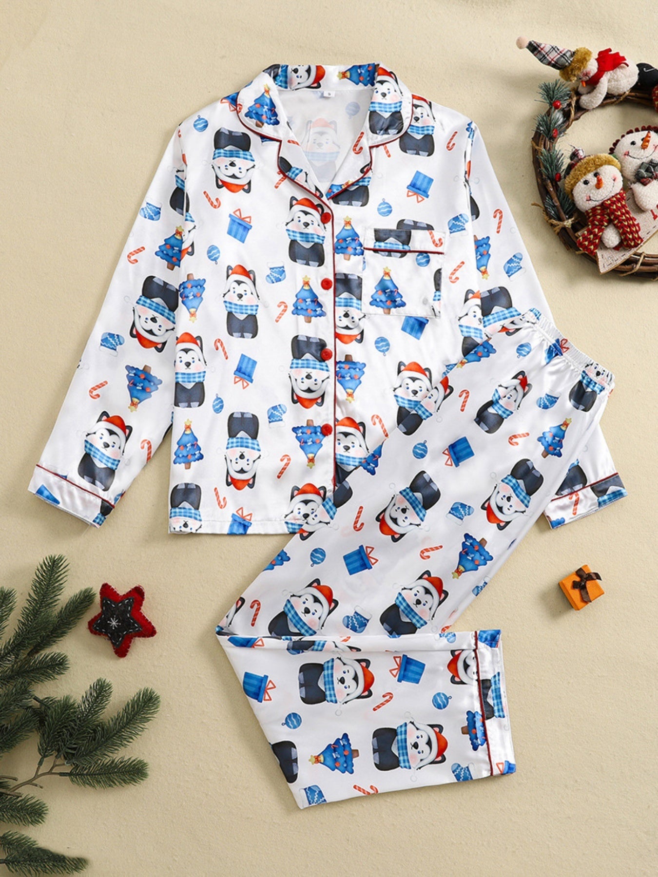 Home Wear Suit Pajamas Women's Artificial Silk Long Sleeve Trousers Suit