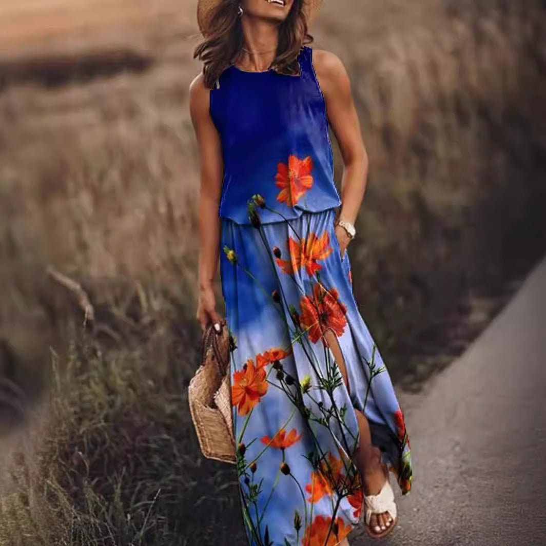 Sleeveless Printed Sling Long Women's Loose Split Dress