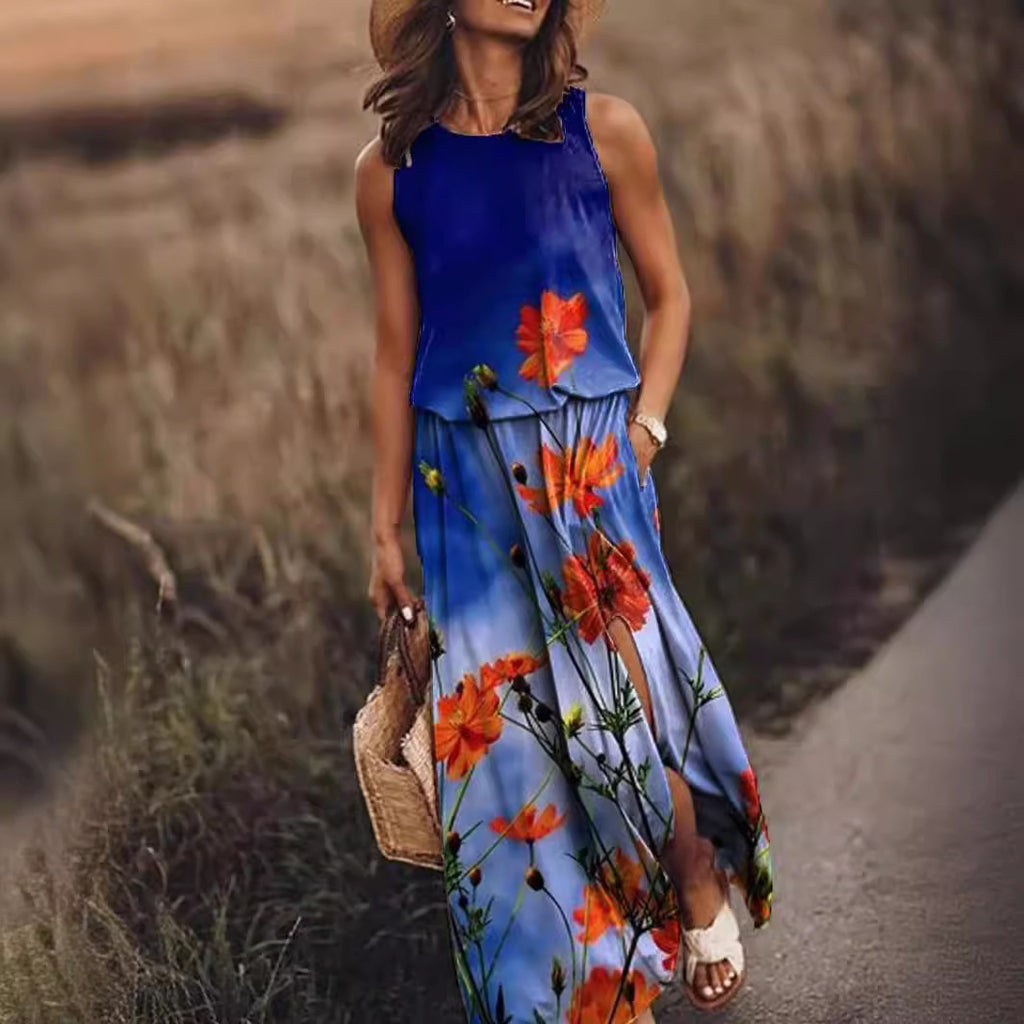 Sleeveless Printed Sling Long Women's Loose Split Dress