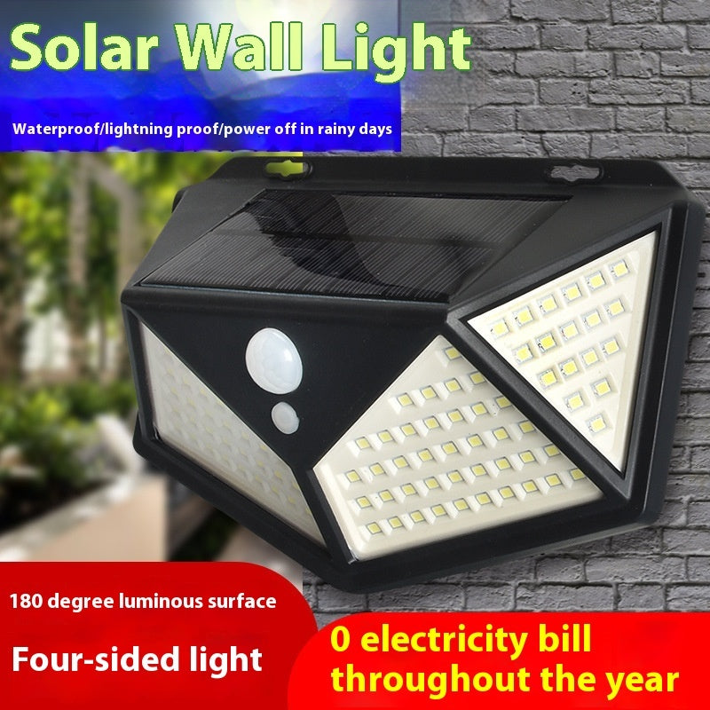 114LED Solar Wall Lamp All Sides Luminous Outdoor Human Body Induction Street Lamp