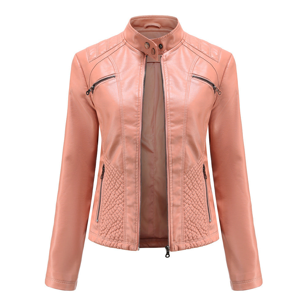 Women's Fashion Standing Collar Faux Leather Slim Type Without Belt Long Sleeve Jacket