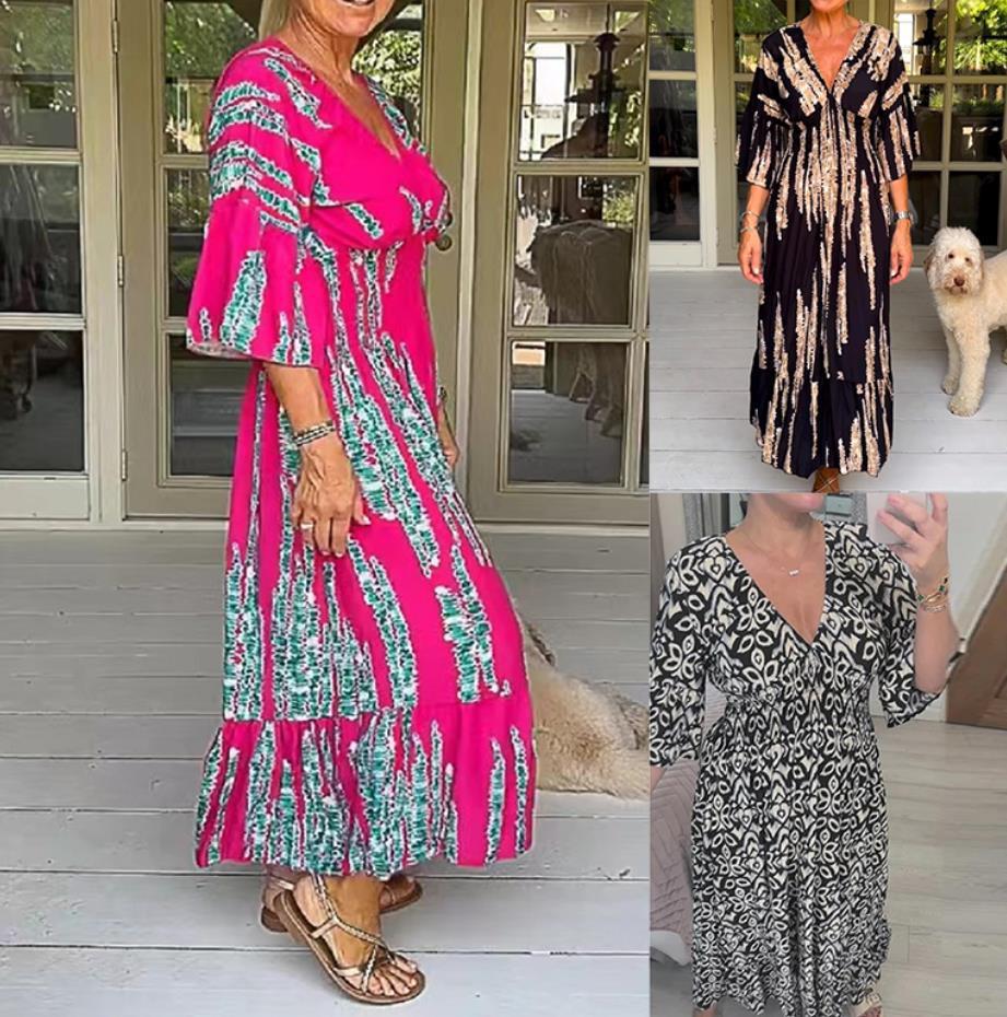 Fashion Flared Sleeves V-neck Printed Dress