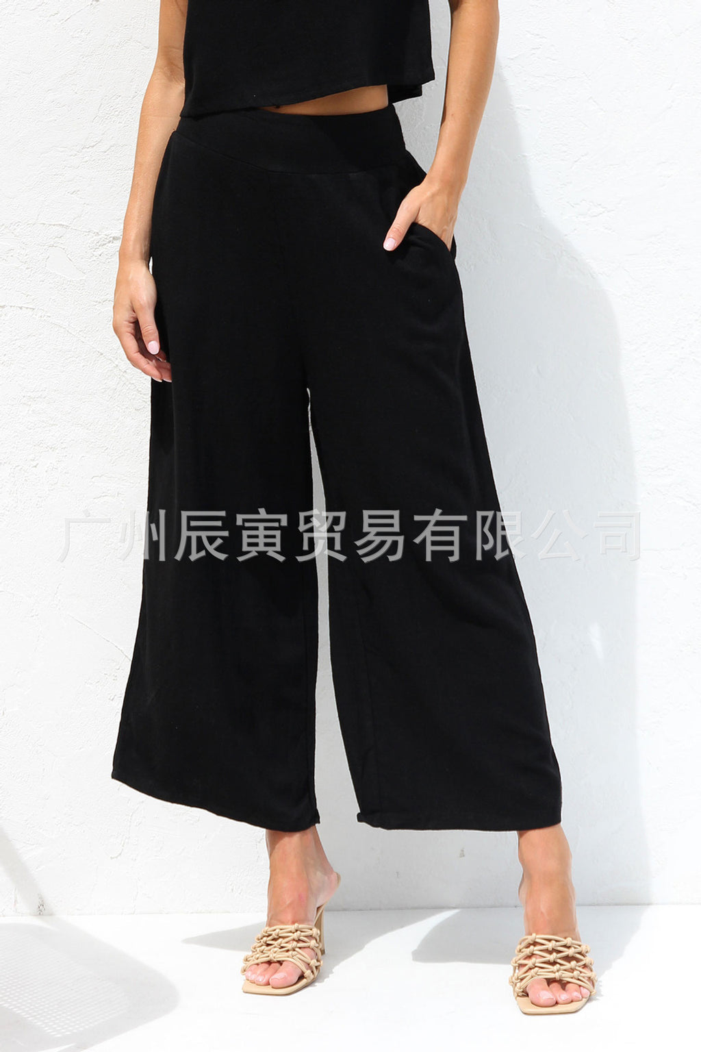 Casual Sleeveless Buckle Vest Cropped Double Pocket Wide Leg Pants Suit